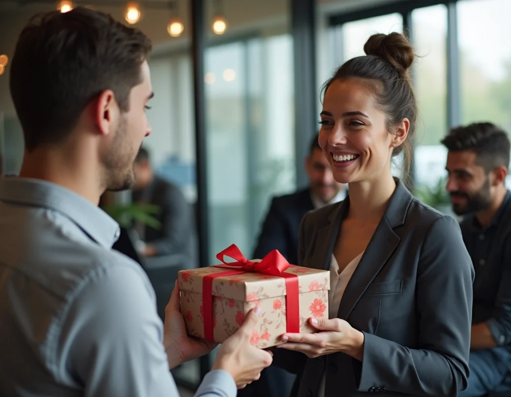 Homme offrant un cadeau à une collègue de travail Homme offrant un cadeau à une collègue de travail
