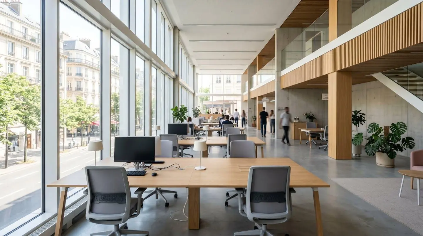 Intérieur lumineux d'un espace de coworking contemporain avec grandes baies vitrées et silhouettes floues en arrière-plan