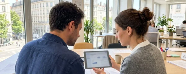 Deux professionnels collaborent autour d'une tablette dans un bureau moderne lumineux avec baies vitrées
