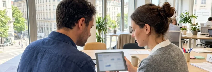Deux professionnels collaborent autour d'une tablette dans un bureau moderne lumineux avec baies vitrées