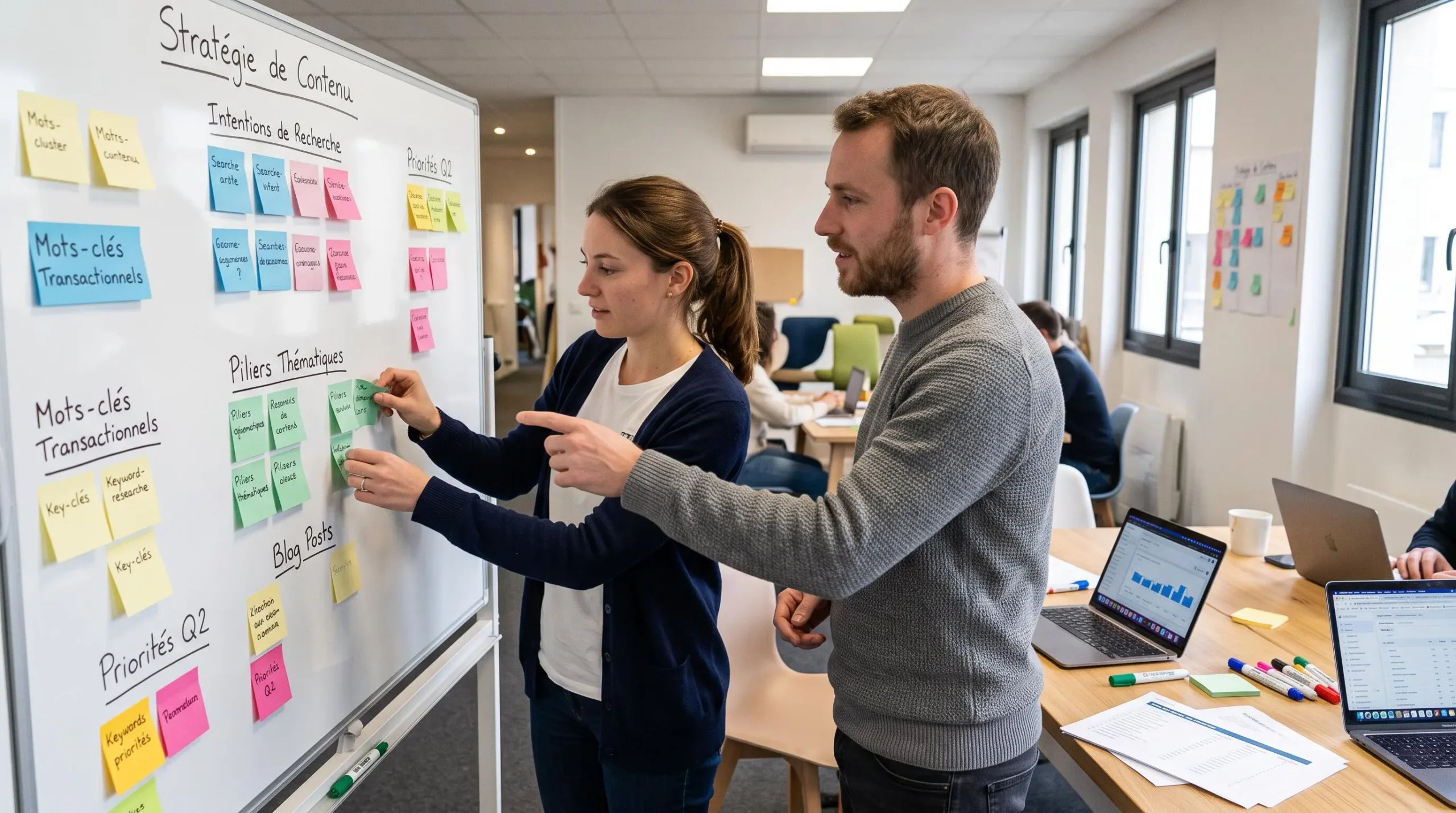 Équipe SEO élaborant une stratégie de contenu et architecture de mots-clés lors d'un atelier collaboratif avec tableau et post-its