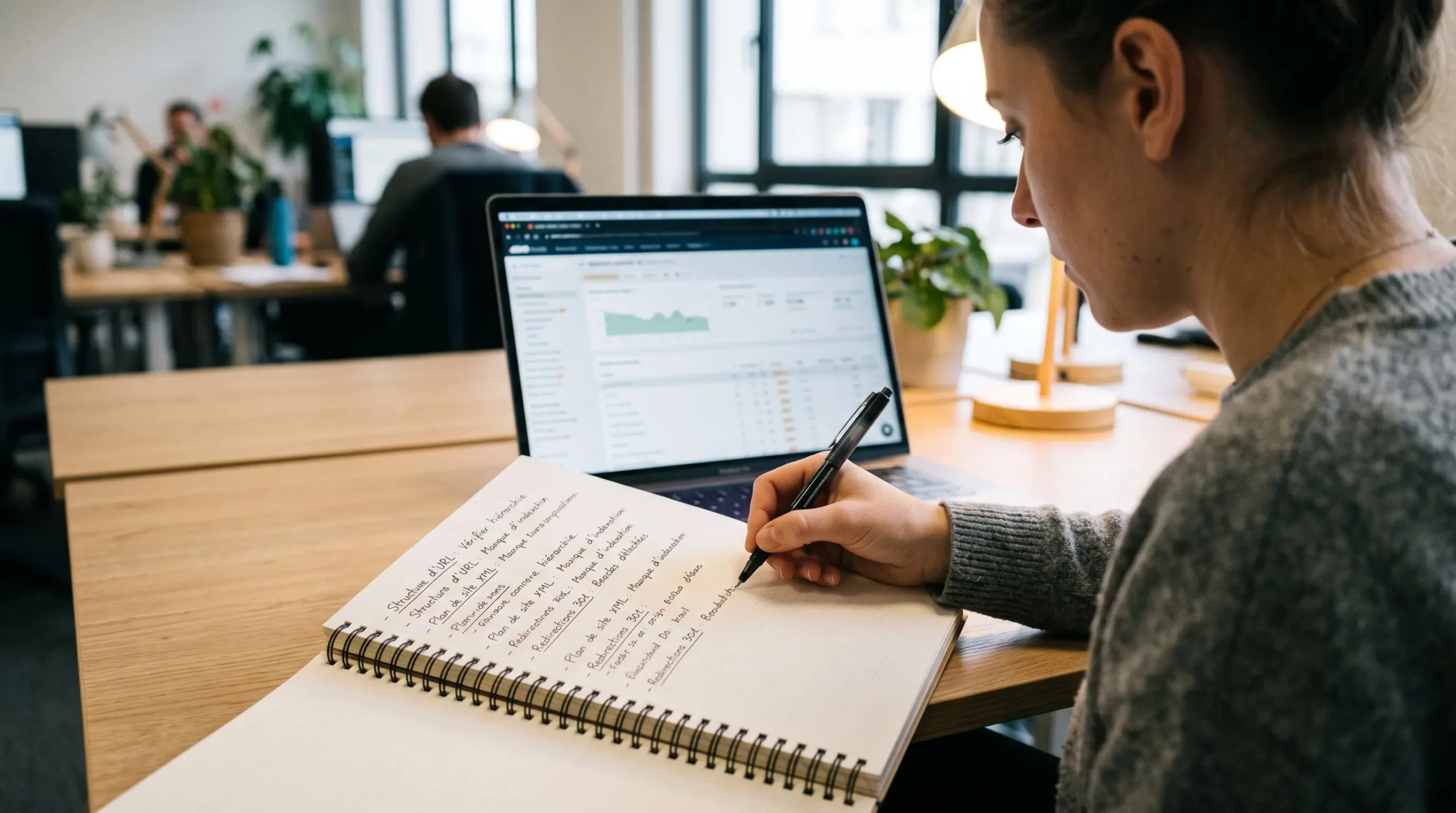 Spécialiste SEO technique prenant des notes manuscrites lors d'un audit de site web dans une agence
