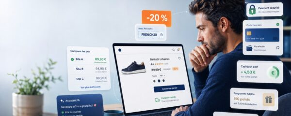 Consommateur français hésitant avant un achat en ligne, comparant promotions, prix, paiement sécurisé, cashback, fidélité, livraison rapide et recommandations d’un assistant IA.
