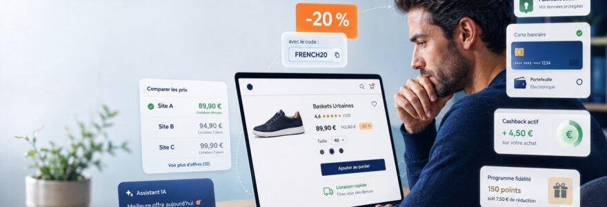 Consommateur français hésitant avant un achat en ligne, comparant promotions, prix, paiement sécurisé, cashback, fidélité, livraison rapide et recommandations d’un assistant IA.