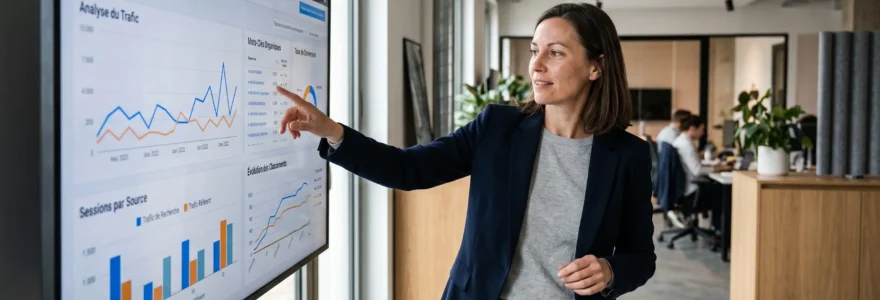 Consultant SEO analysant des données de performance sur un tableau de bord analytics dans une agence de marketing digital