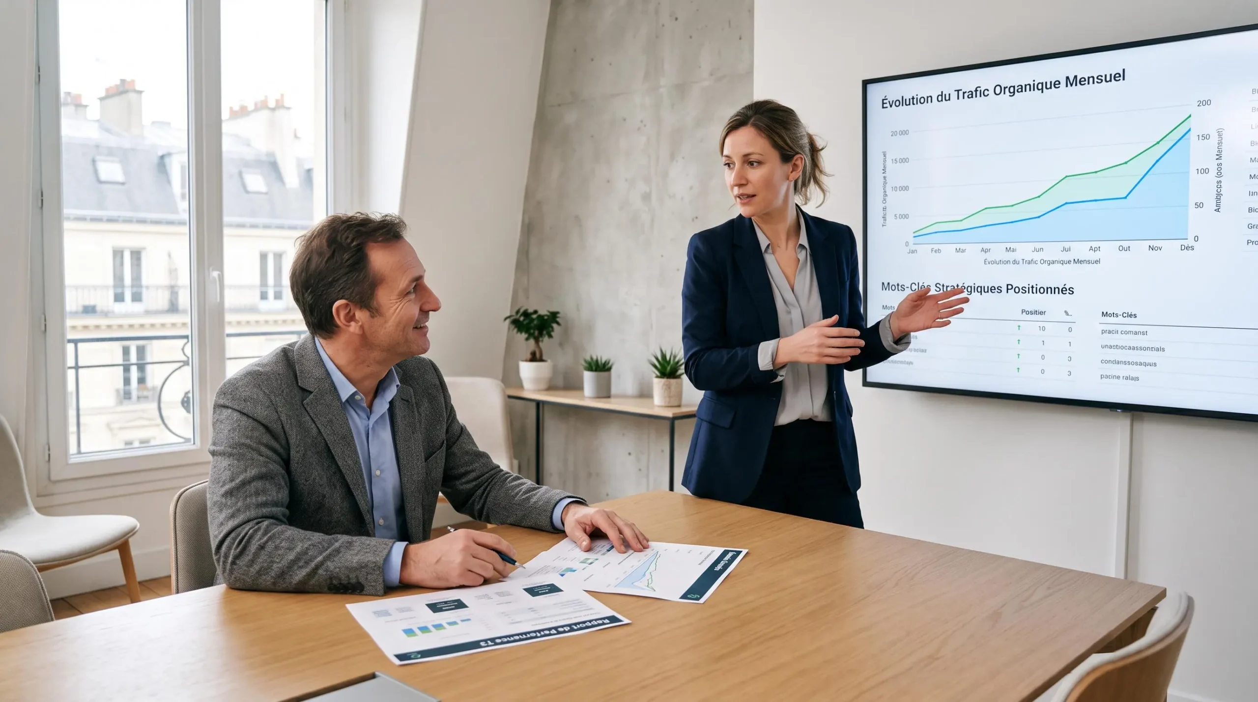 Consultant SEO présentant des résultats et métriques de performance à un client lors d'une session de reporting
